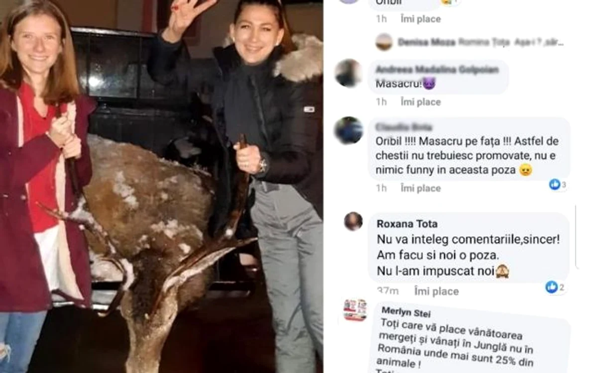 Roxana Ţoţa (dreapta) a declanşat o adevărată revoltă pe Facebook, pozând lângă un cerb ucis de vânători. FOTO: Facebook