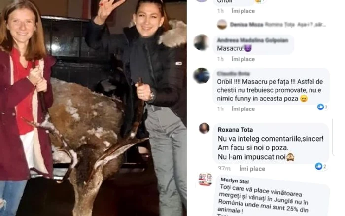 Roxana Ţoţa (dreapta) a declanşat o adevărată revoltă pe Facebook, pozând lângă un cerb ucis de vânători. FOTO: Facebook