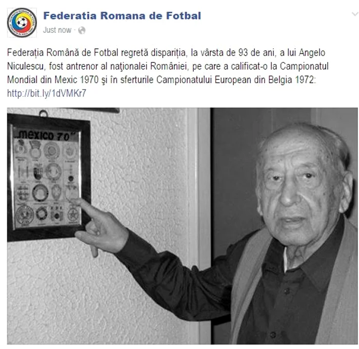 Federaţia Română de Fotbal a anunţat trecerea în nefiinţă a marelui antrenor printr-un comunicat