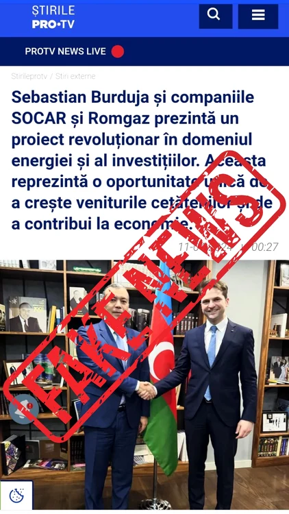 Fotografie cu Sebastian Burduja pe care este pusă ștampila Fake News