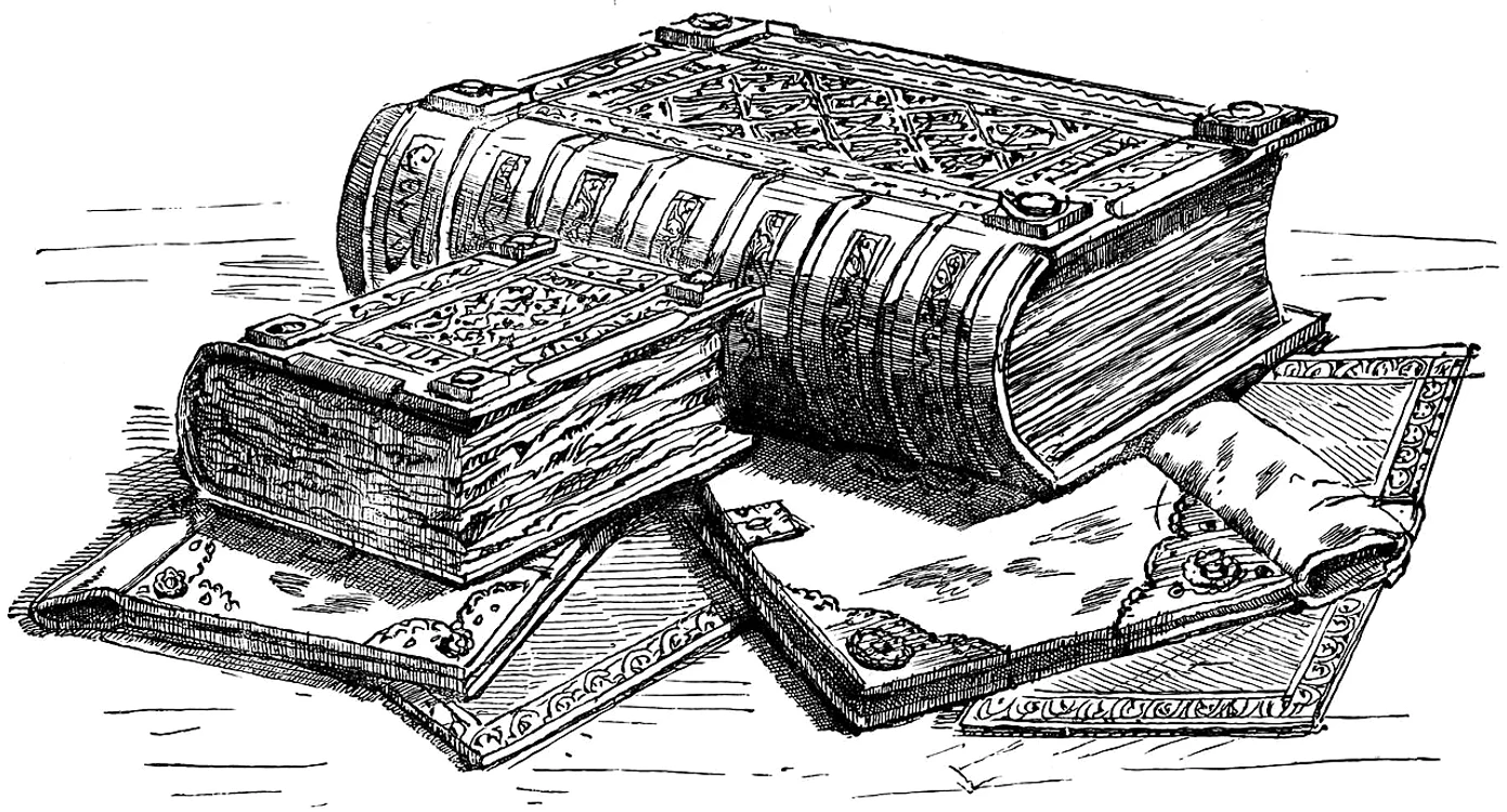 Domesday Book, gravură de William Andrews, publicată în 1900 