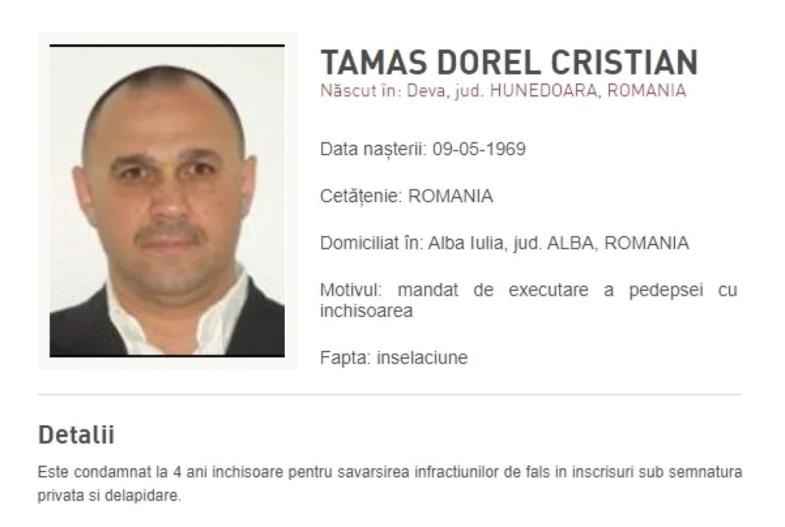 Dorel Tamaş este inclus pe lista persoanelor urmărite de pe site-ul Poliţiei Române