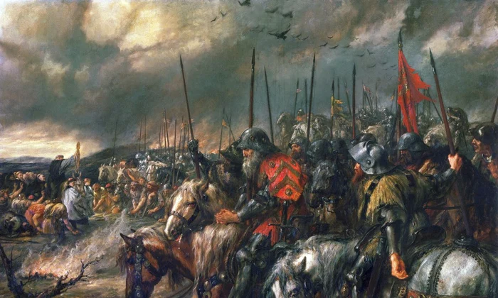 În dimineața Bătăliei de la Azincourt. Pictură de John Gilbert, din 1884 