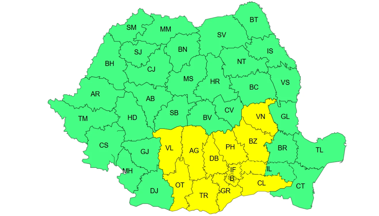Un nou cod galben pentru Muntenia, estul Olteniei și sud-vestul Moldovei. FOTO: ANM