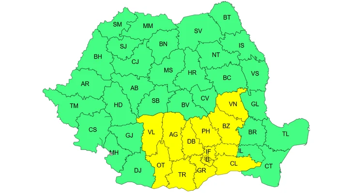 Un nou cod galben pentru Muntenia, estul Olteniei și sud-vestul Moldovei. FOTO: ANM