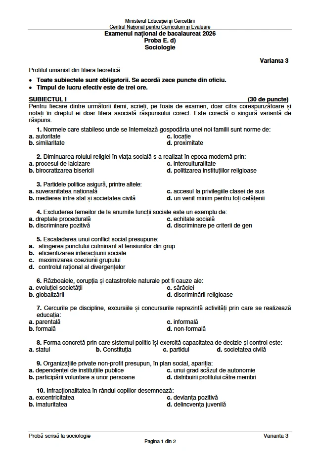 Bacalaureat 2026. Baremele și subiectele pentru cea de-a treia probe scrisă, publicate de Ministerul Educației