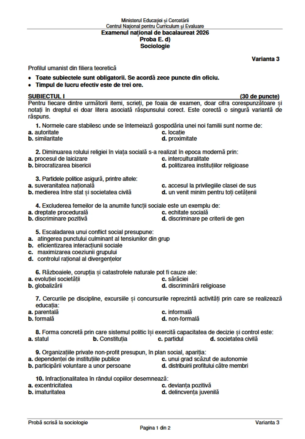 Bacalaureat 2026. Baremele și subiectele pentru cea de-a treia probe scrisă, publicate de Ministerul Educației