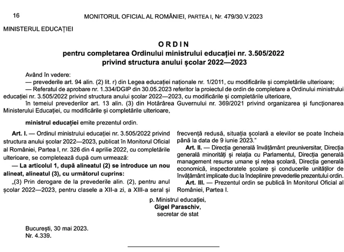 Ordinul emis de minister / foto: Ministerul Educației