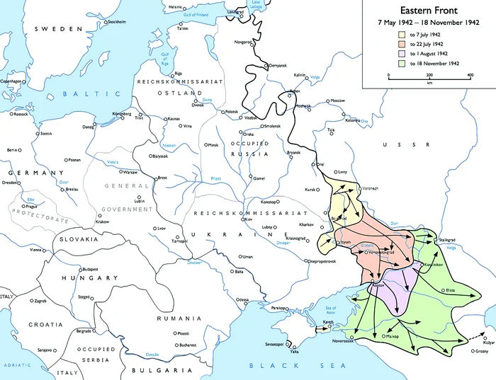 Hartă cu avansul trupelor germane pe Frontul de Est în perioada 7 mai 1942 – 18 noiembrie 1942