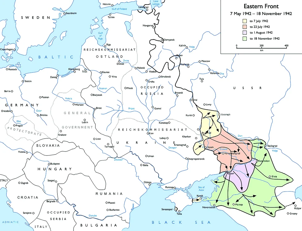 Hartă cu avansul trupelor germane pe Frontul de Est în perioada 7 mai 1942 – 18 noiembrie 1942