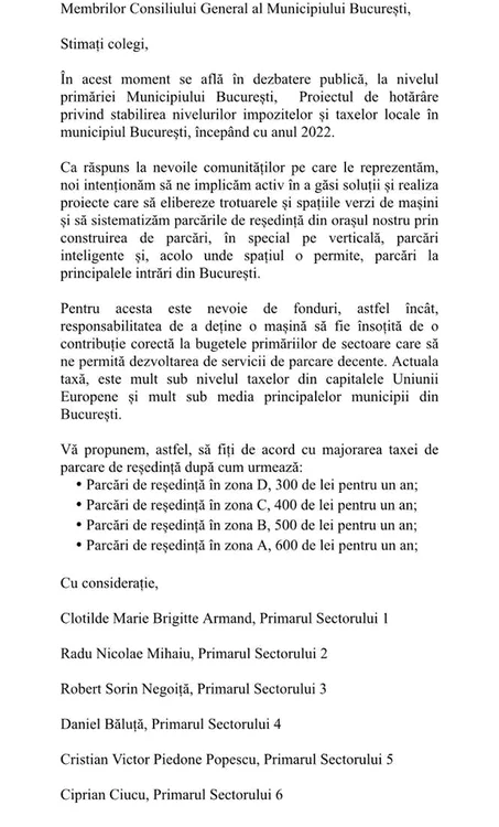 
    Scrisoarea primarilor de sectoare adresată consilierilor generali  