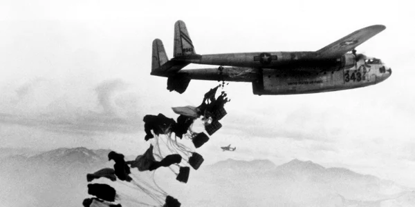 C 119B Flying Boxcar drops supplies near Chungju 1951 jpeg