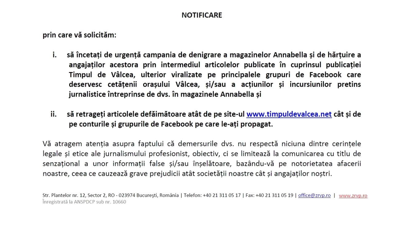 Notificarea privind interdicţia de a mai pătrunde în magazinul retailer-ului Annabella primită de un jurnalist din Vâlcea Sursa Timpul de Vâlcea - 1
