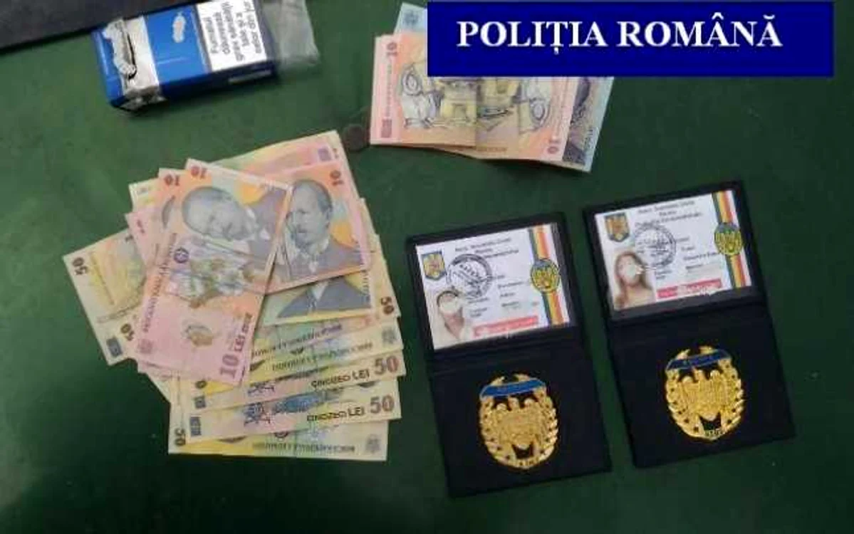 Banii obţinuţi fraudulos şi legitimaţiile pe care le prezentau escrocii FOTO IPJ Călăraşi