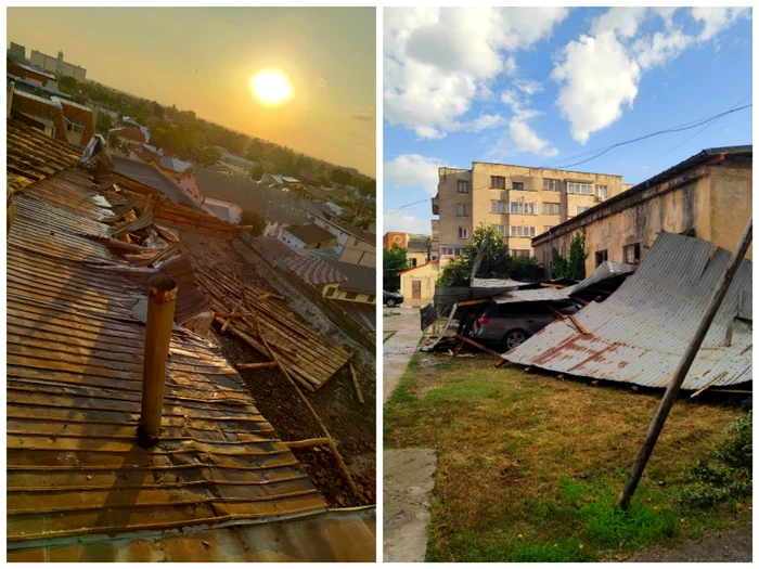 Vijelia a doborât un acoperiș peste mai multe autoturisme, la Corabia FOTO: ISU Olt