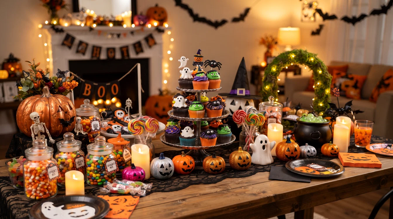 Masă decorată de Halloween, cu dovleci, fantome, lumânări și dulciuri.