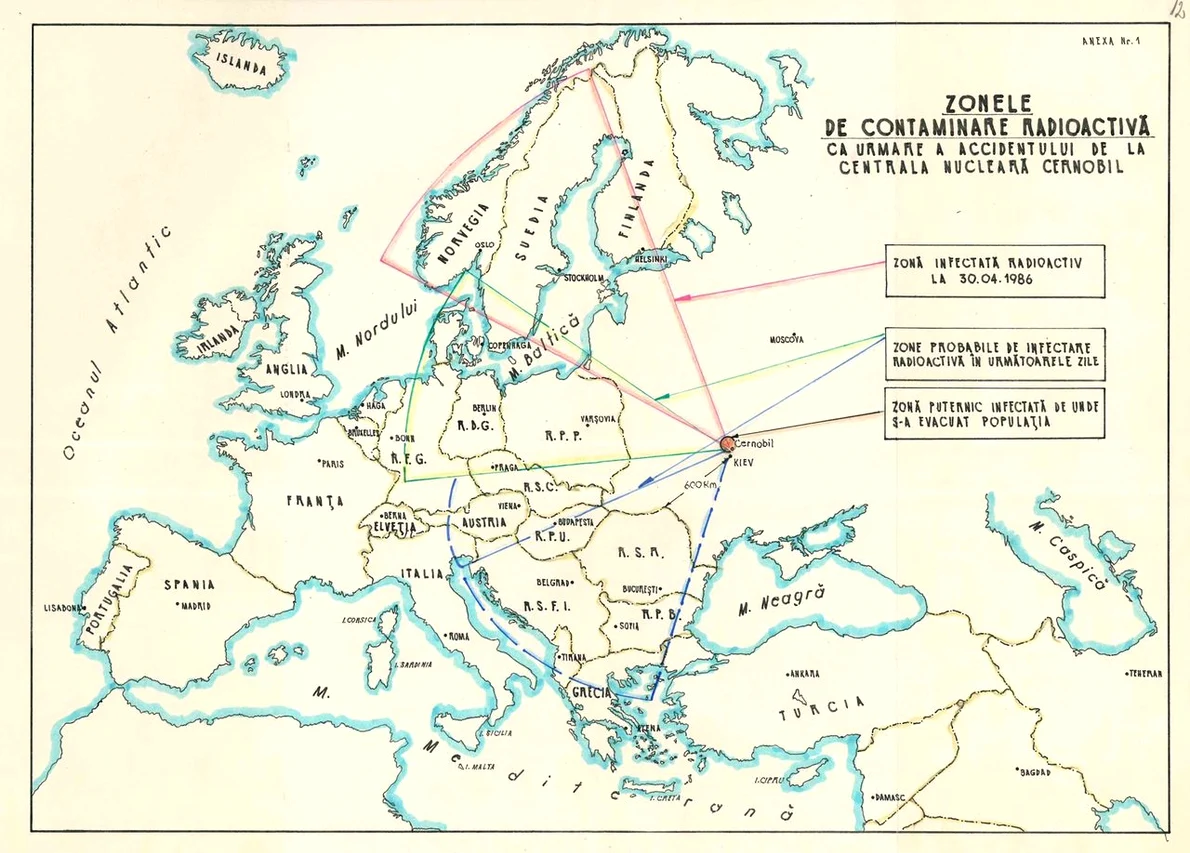 Zonele de contaminare radioactivă ca urmare a accidentului de la Cernobîl (© Arhivele Naționale ale României, fond CC al PCR - Secția Administrativ Politică, dosar 42/1986, fila 12)