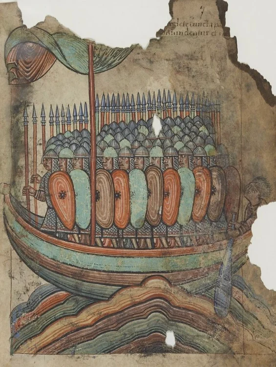 Reprezentare medievală a unor vikingi pe o corabie (© Abbey of Saint-Aubin / Wikimedia Commons)