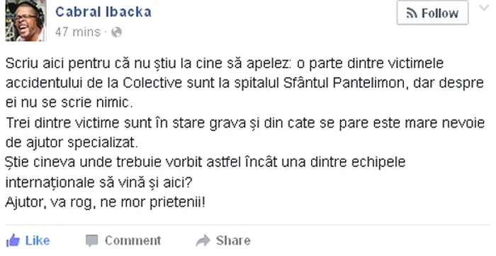 Mesajul publicat de Cabral pe Facebook