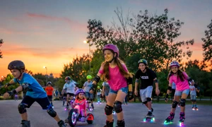 Copii și adolescenți fericiți la joacă pe role, biciclete și skateboarduri cu roți luminoase Foto DMS jpg