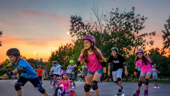 Copii și adolescenți fericiți la joacă pe role, biciclete și skateboarduri cu roți luminoase Foto DMS jpg