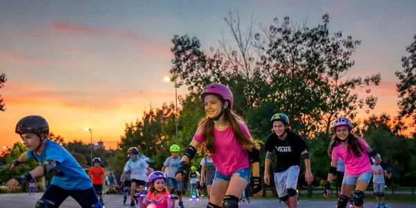 Copii și adolescenți fericiți la joacă pe role, biciclete și skateboarduri cu roți luminoase Foto DMS jpg