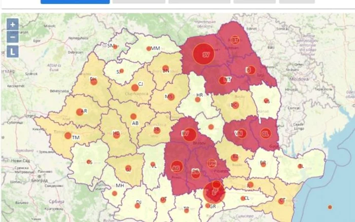Harta zonelor din România în ceea ce privește răspândirea coronavirusului