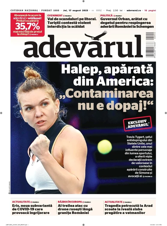 Coperta din august 2023 prin care Adevărul explica: varianta contaminării o va salva pe Halep