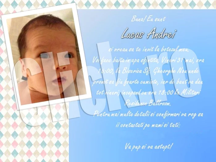 Invitatia la botezul băiatului lui Paul şi al Anei Pârvulescu.