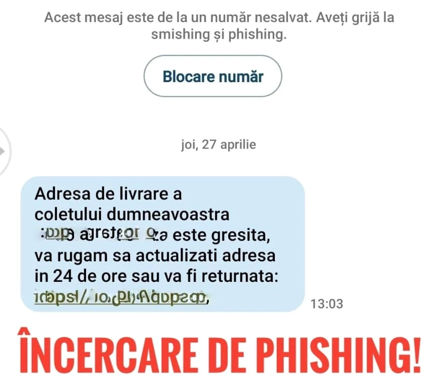 SMS/mesaj de tip phishing FOTO: Poliția Română