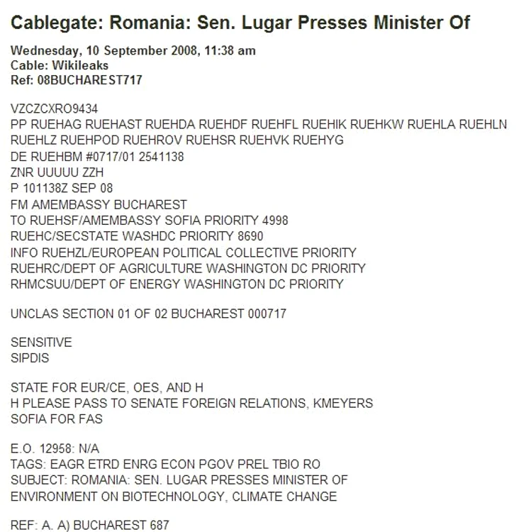 Telegrama a ambasadei SUA din septembrie 2008 despre vizita lui Lugar