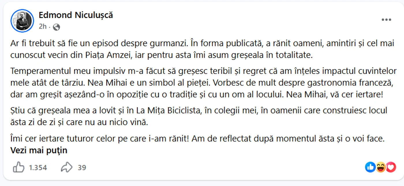 Mesajul transmis de Edmond Niculușcă
