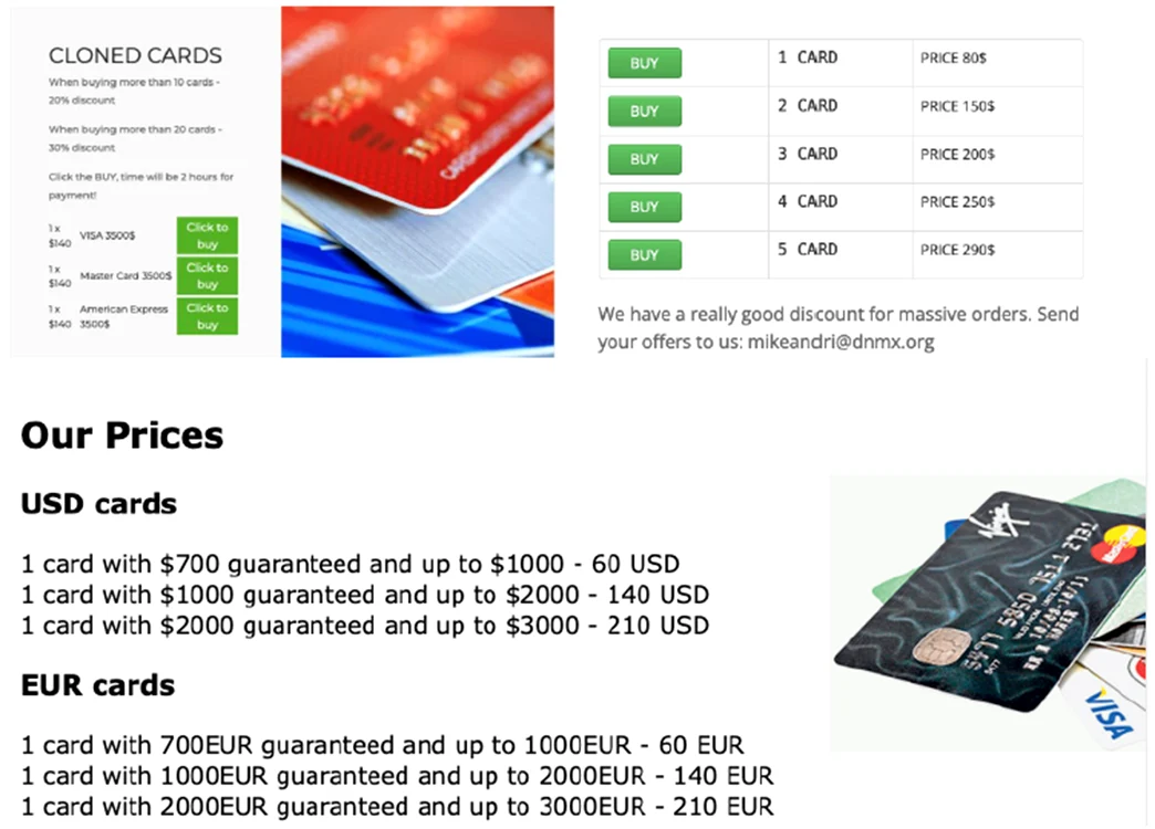 Prețuri carduri pe Dark Net. sursa Bitdefender