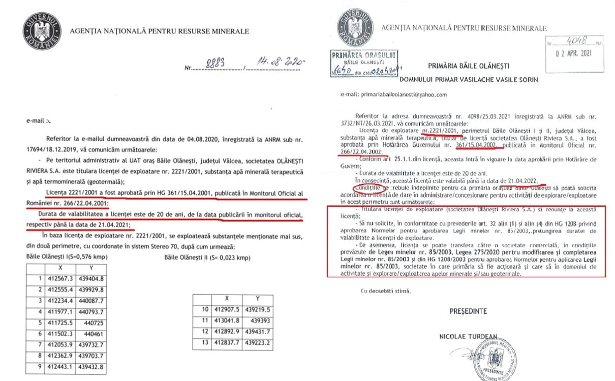 Adresele eliberate de ANRM cu date diferite de expirare pentru aceeaşi licenţă de concesionare a izvoarelor minerale de la Băile Olăneşti - Vâlcea Foto colaj