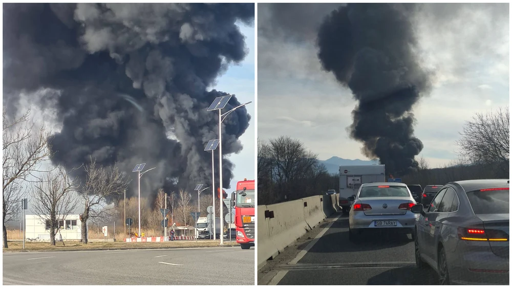 Incendiu la o vulcanizare din județul Sibiu. Trafic blocat și mesaj RO-ALERT din cauza fumului dens și negru