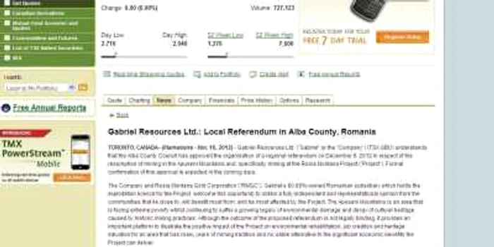 Comunicatul de pe site-ul bursei din Toronto