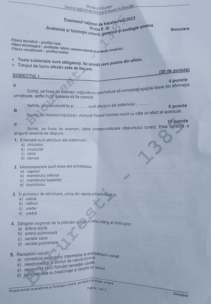 Subiectele și baremul de la Anatomie, simulare BAC 2023