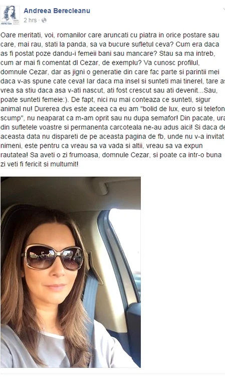 Mesajul integral publicat de Andreea Berecleanu, pentru internautul care a acuzat-o că e impocrită