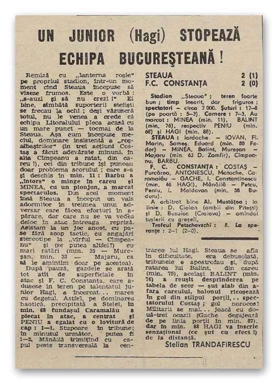 Ziarul „Sportul” relata despre golul reușit de Hagi în poarta Stelei 