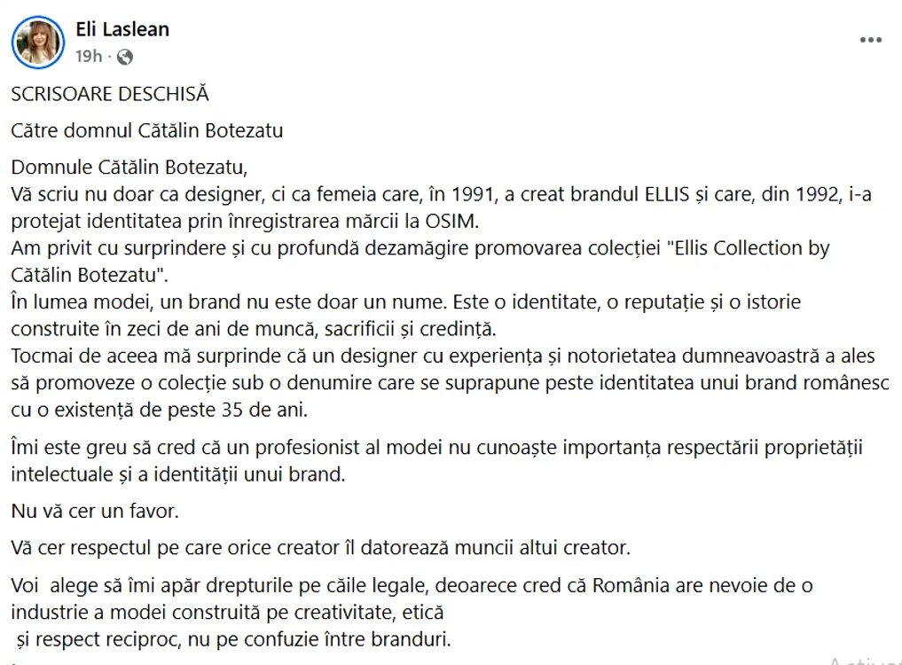 Scrisoarea deschisă a lui Eli Lăslean. Foto: Facebook