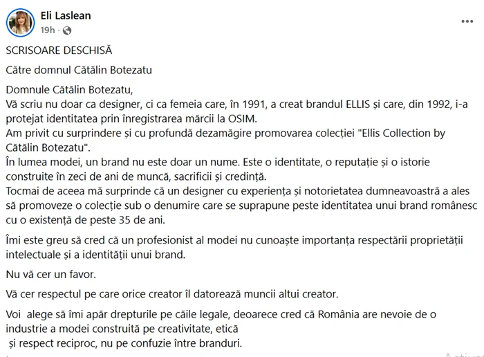 Scrisoarea deschisă a lui Eli Lăslean. Foto: Facebook