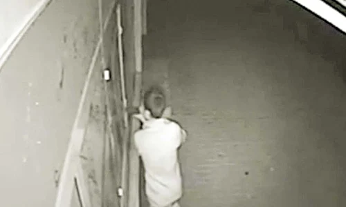 Dragoş Stan (13 ani) a fost surprins,  miercuri noaptea, în timp ce  spărgea uşa magazinului  A furat  300 de lei şi a fugit (FOTOGRAFII: Vremea Nouă) jpeg