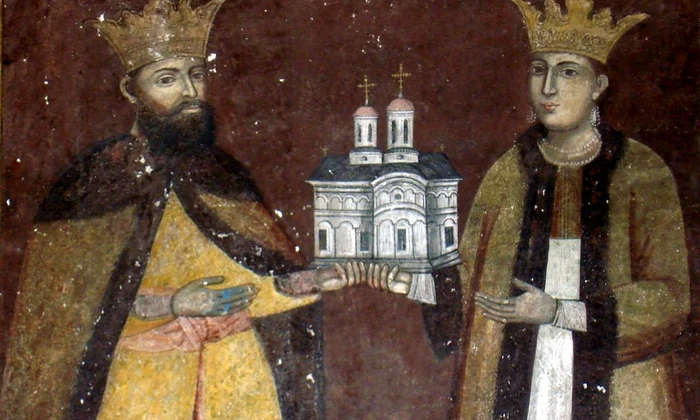 Domnul Ștefan Cantacuzino și soția lui Păuna. Tablou votiv în pridvorul bisericii vechi de piatră de la Mănăstirea Dintr-un Lemn (© Cristian-Mihail Miehs / Wikimedia Commons)