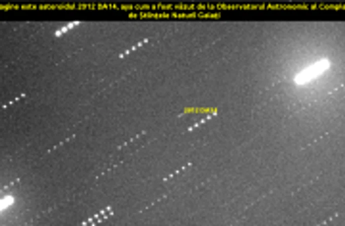 Asteroidul 2012 DA14, fotografiat de la Observatorul Astronomic din Galaţi. Credit foto: Observatorul Astronomic Galaţi