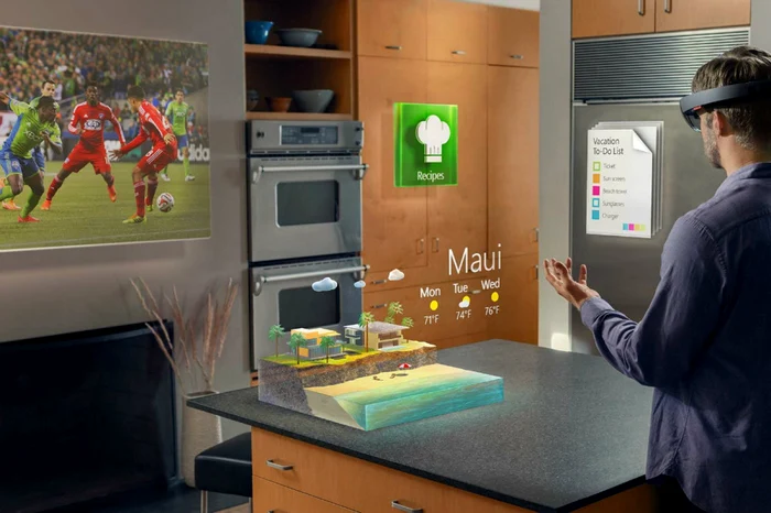 Microsoft HoloLens oferă un mix între realitate virtuală şi augmentată.