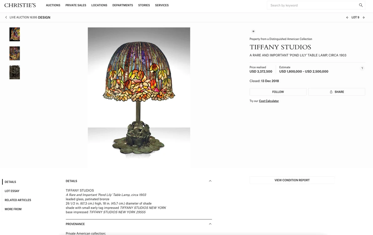 Cea mai scumpă lampă vândută marca Tiffani a costat 3.3 milioane de dolari