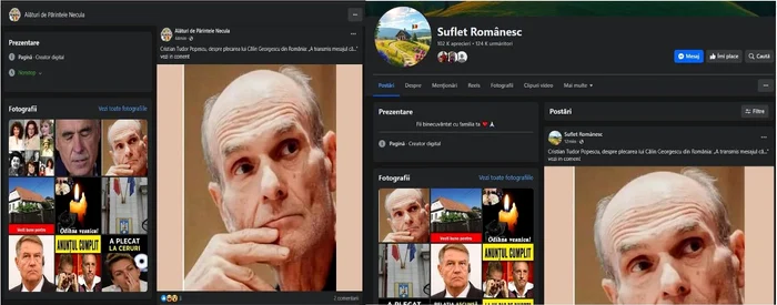 Paginile Alături de Părintele Necula și Suflet Românesc, postări identice FOTO Facebook
