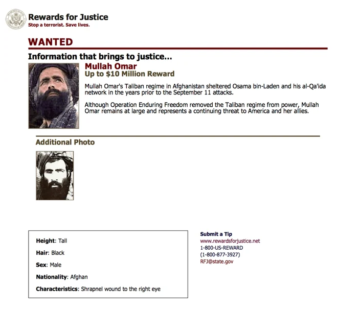 Mullah Omar - recompensa oferita de Departamentul de Stat al SUA FOTO AP