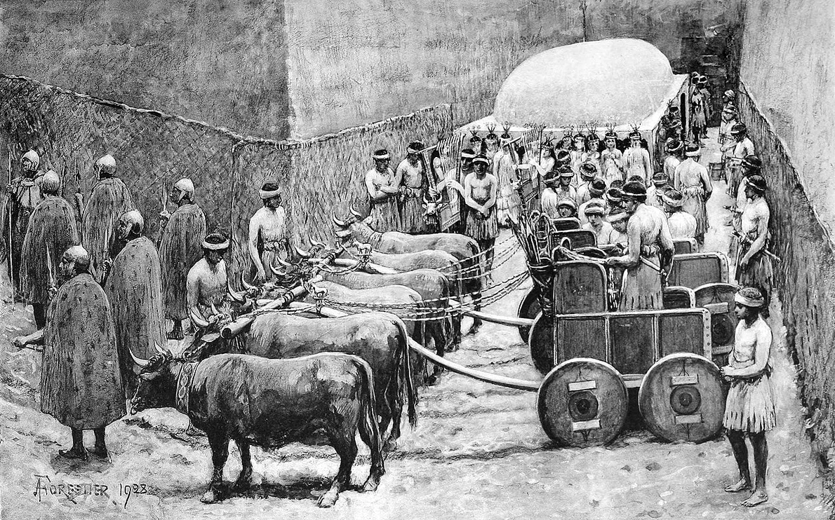 Reconstituire a unei procesiuni funerare la Cimitirul Regal din Ur (circa 2600 î.Hr). Desen de Amédée Forestier, publicat în 1928 (© Wikimedia Commons)