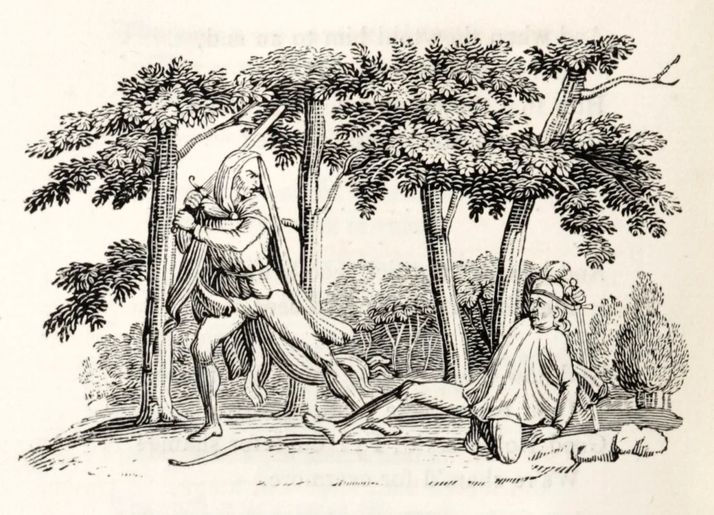 Robin Hood și Guy of Gisborne. Litografie de Thomas Bewick, din 1832 (© Wikimedia Commons)